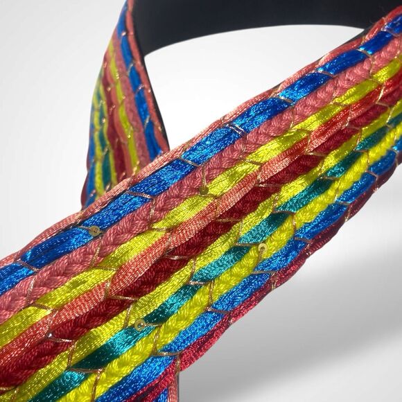 Chico's Wide Belt Women's Size L Colorful Ribbon Striped Black Leather 42-46 in - Picture 4 of 7